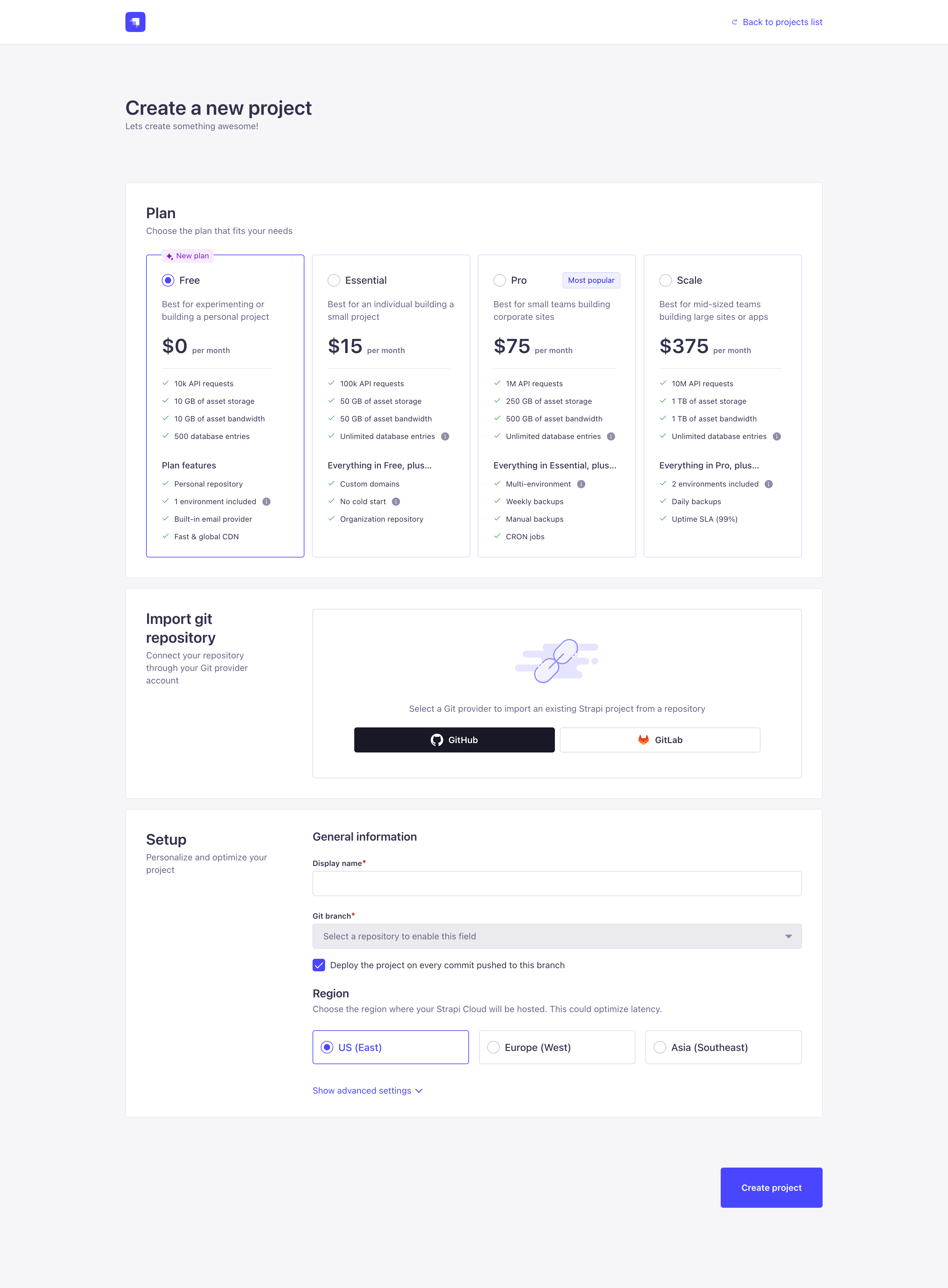 Strapi Cloud project creation, step 1